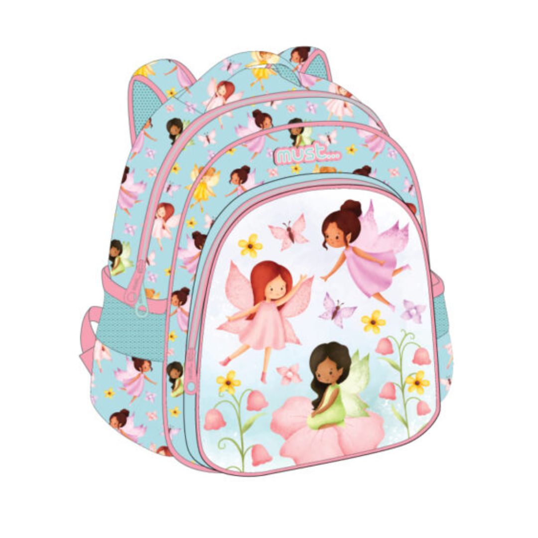 must Little Fairies pink and blue children's backpack with fairy illustrations
