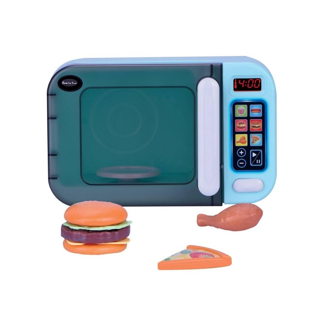 A toy microwave playset with a light blue and dark teal body, shown with small food accessories including a hamburger, chicken leg, and pizza slice on a white background.