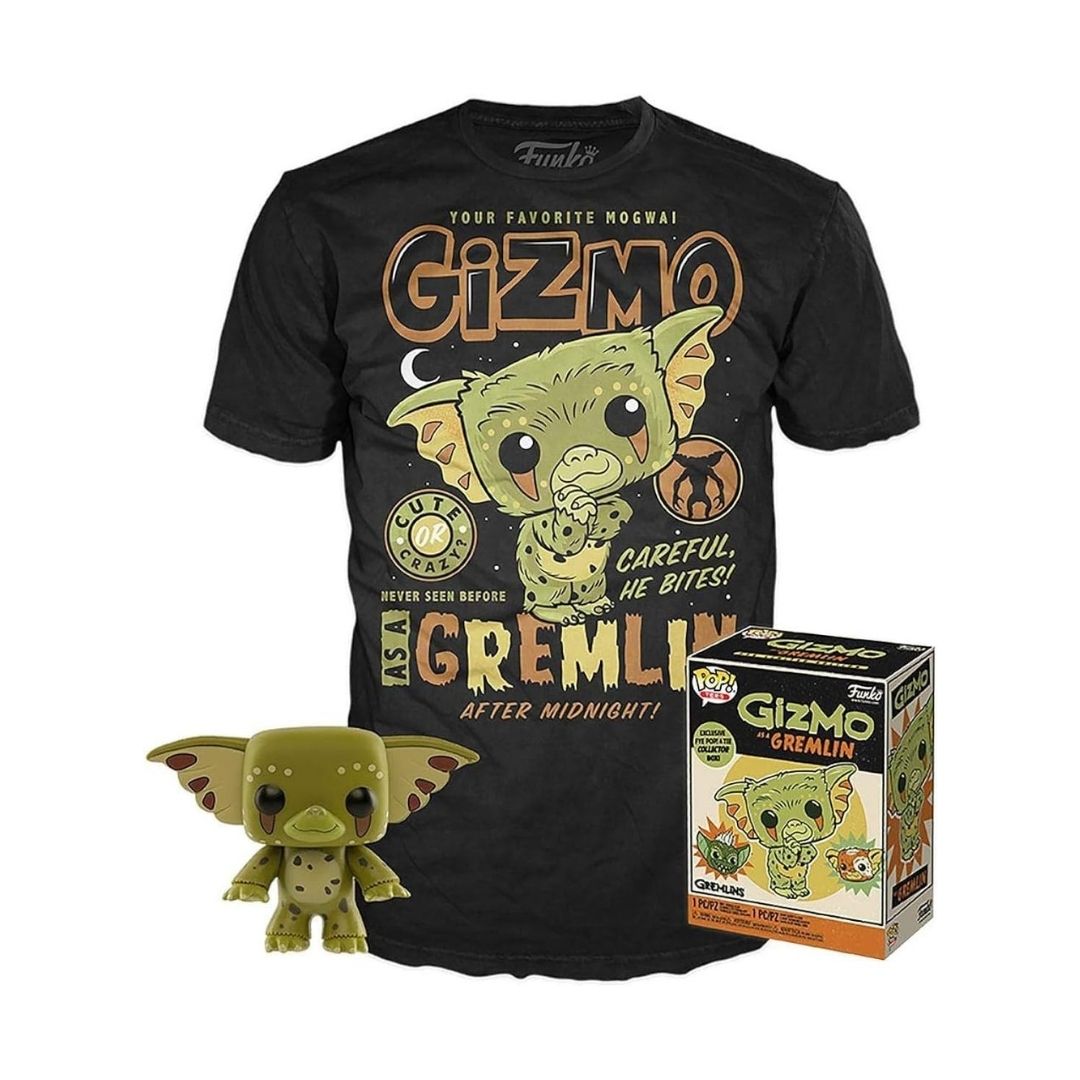 Funko Pop! Movies Gizmo the Gremlin merchandise set featuring a black t-shirt with a large green and orange Gizmo graphic, a small green vinyl figure, and the original box packaging on a white background.