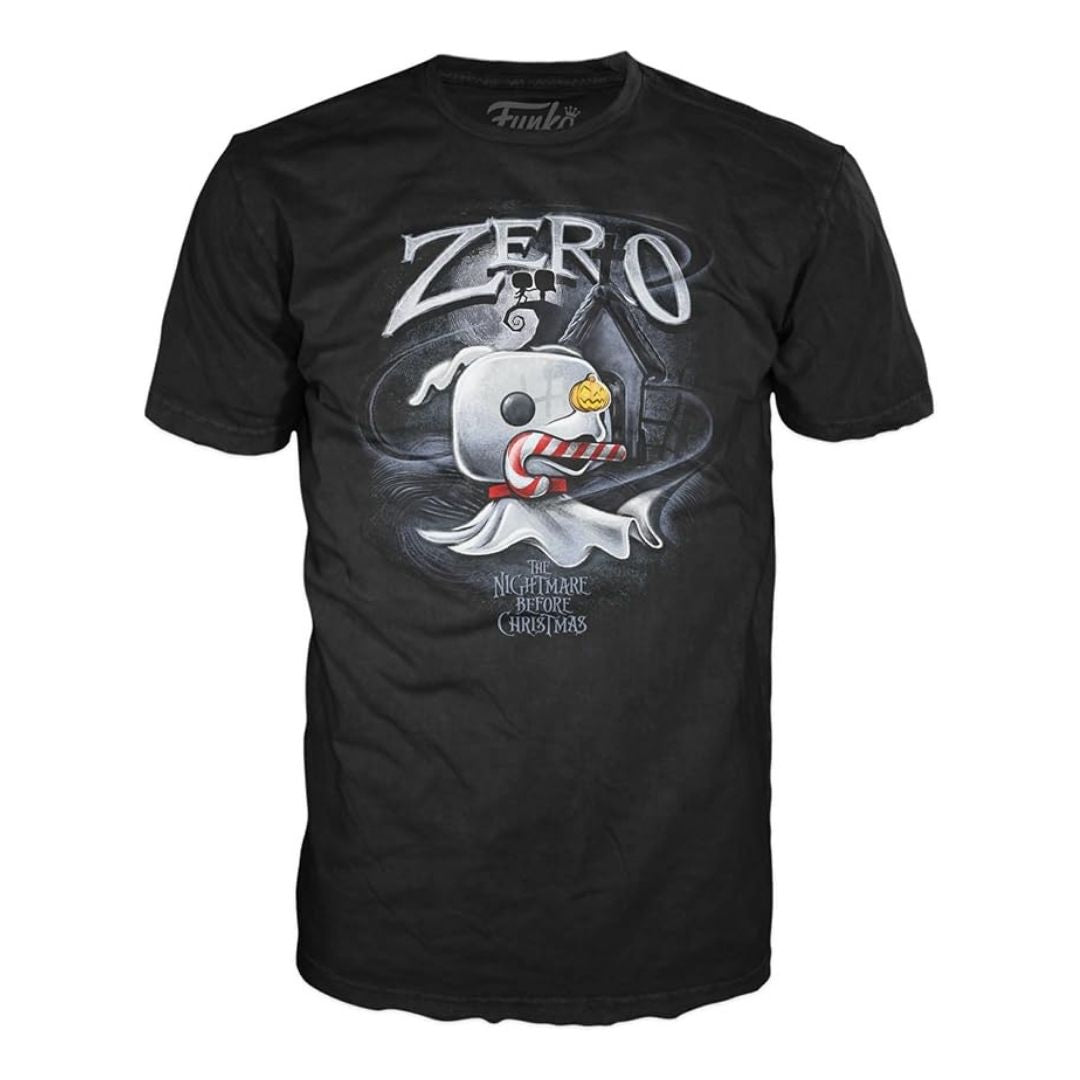 A black short-sleeve graphic t-shirt featuring a cartoon ghost wearing a red and white striped Santa hat and scarf, with the text 'ZERO' and 'MISTAKE NEVER CHRISTMAS' on a white background.
