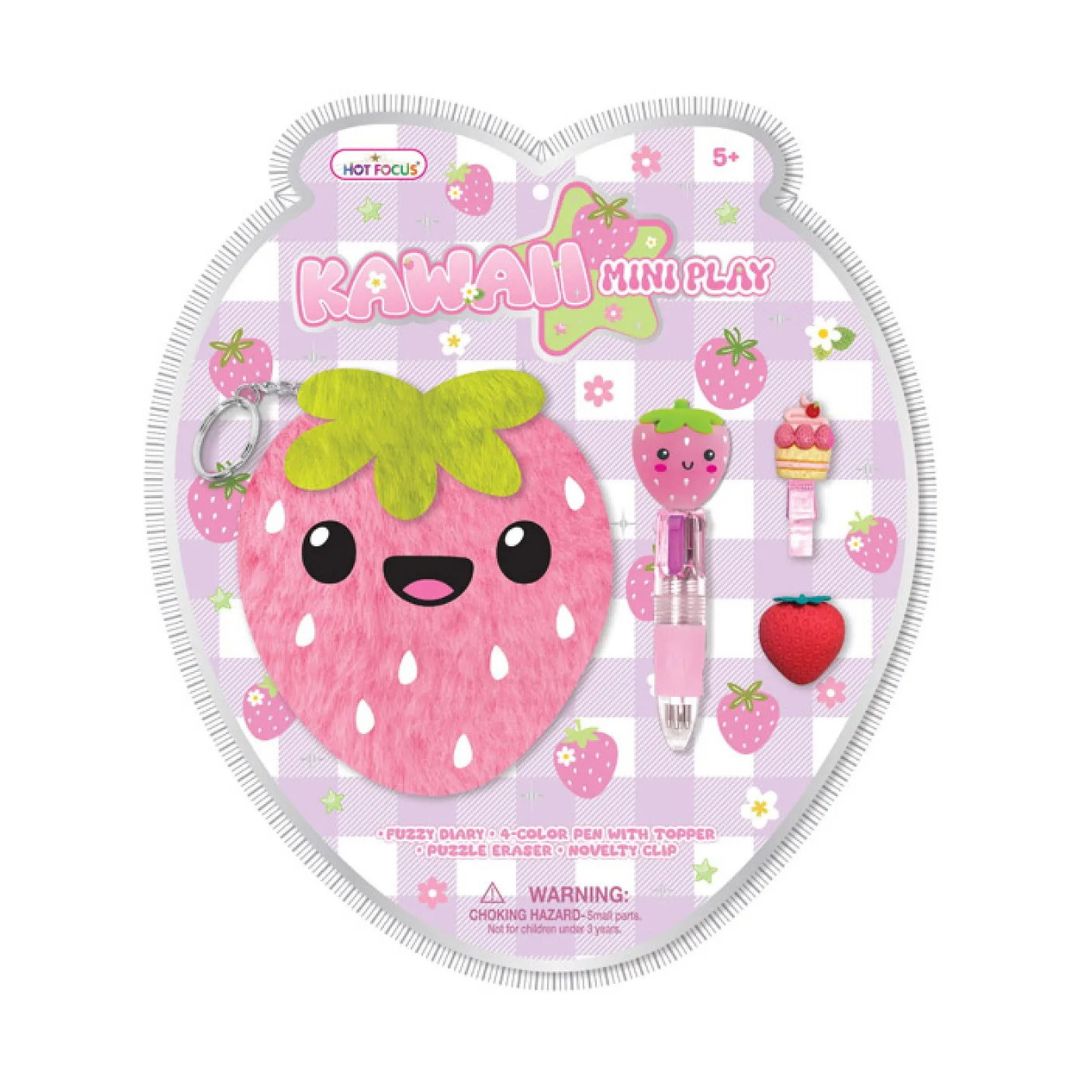 A heart-shaped Kawaii Mini Play toy set by Hot Toys, featuring a pink fuzzy strawberry character, a pink marker, a strawberry-shaped eraser, and other small accessories on a light purple checkered backing card.