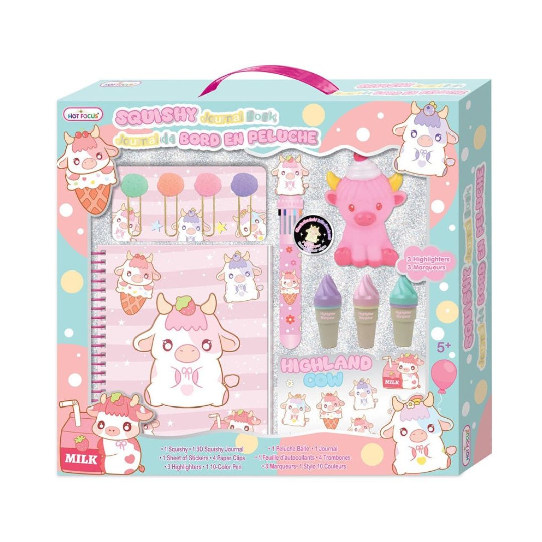 Shop the Hot Focus Squishy Journal Book Set in Highland Cow theme! Features 3D slow-rise squishy, lined journal, stickers, and highlighters for ages 5+.