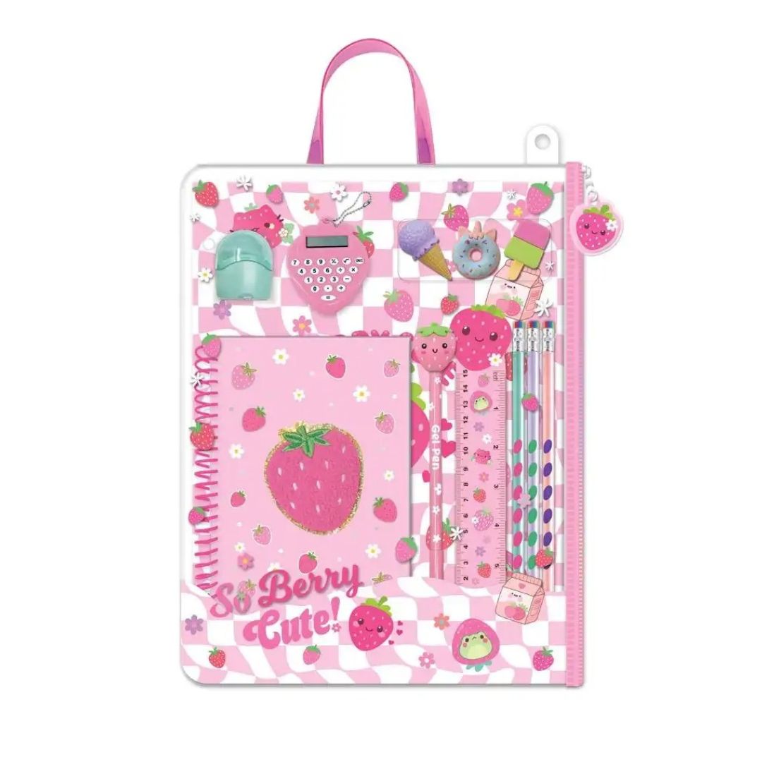 A pink and white checkered school supply organizer bag with a top handle, featuring a spiral notebook, pens, pencils, and small accessories decorated with strawberries, sweets, and the text 'So Berry Cute!'.
