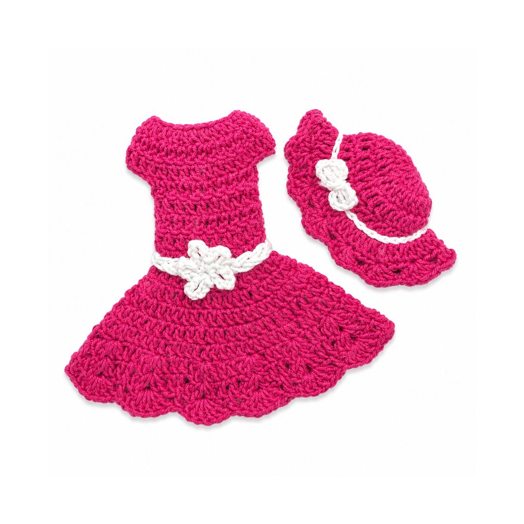 LéArts Handmade Crochet Doll Dress With Hat (Fuchsia & White)