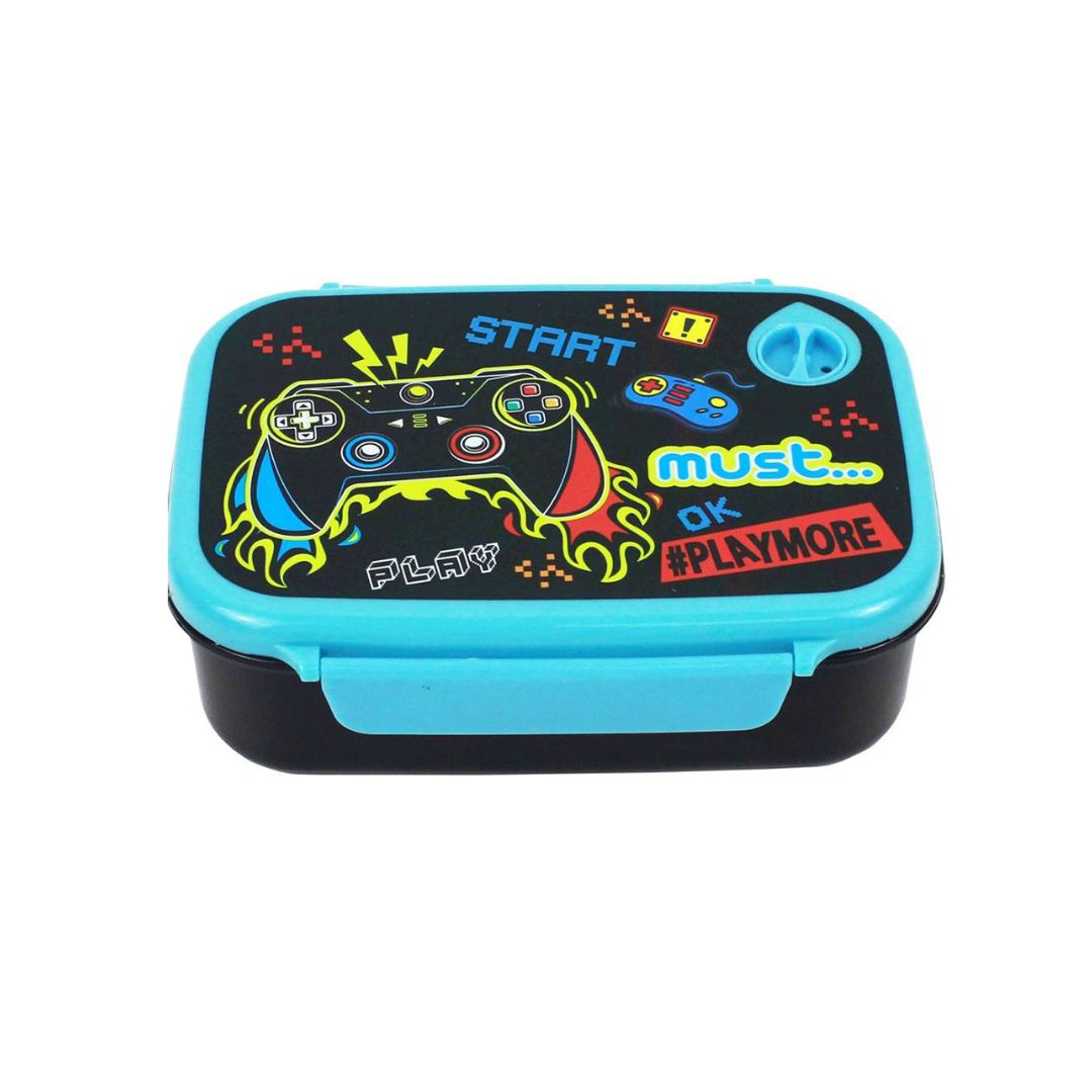 A rectangular lunch box with a black base and a bright turquoise blue lid, decorated with a colorful video game controller graphic and gaming-themed text including 'START', 'must.