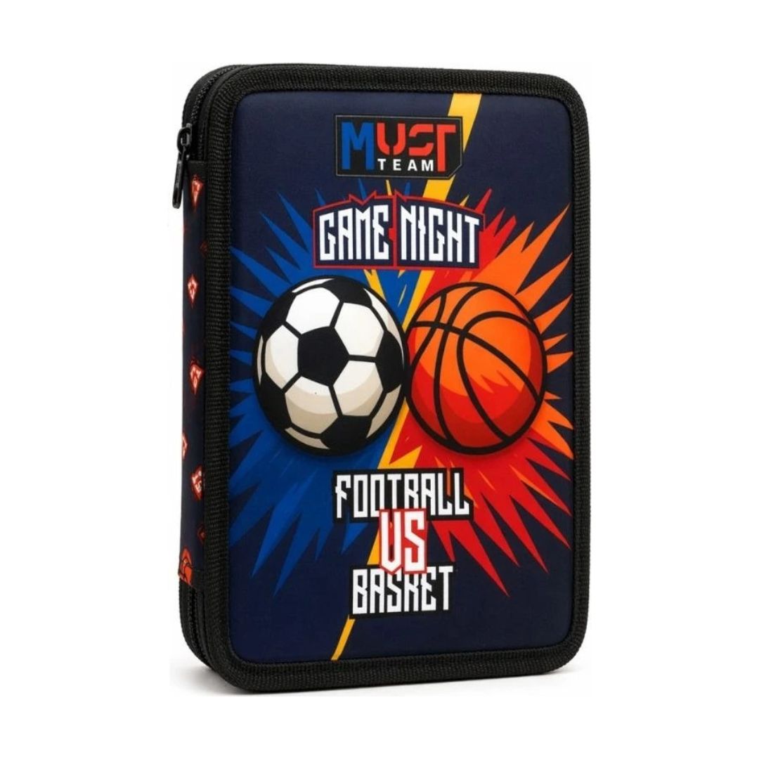 A zippered sports notebook or tablet sleeve featuring a 'MUST TEAM' design with soccer and basketball graphics, labeled 'GAME NIGHT' and 'FOOTBALL VS BASKET' on a white background.