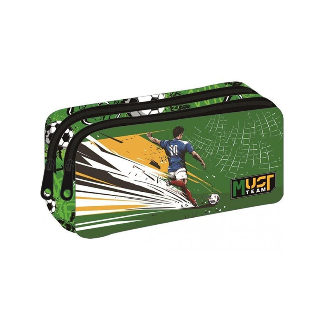 A green rectangular pencil case with a soccer-themed graphic print, featuring a player kicking a ball, black and white soccer balls, and a 'MUST TEAM' logo, shown on a plain white background.