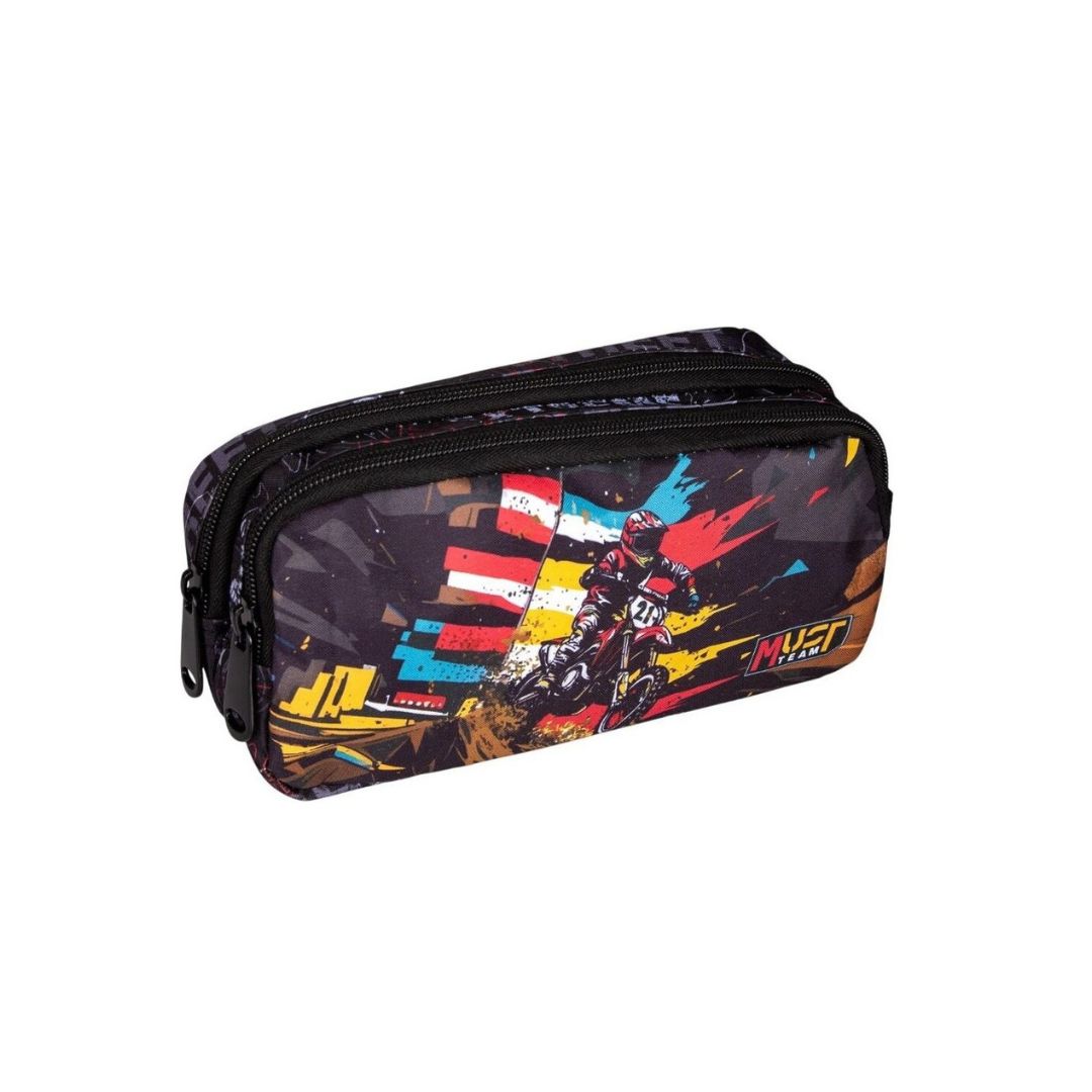 A rectangular zippered pencil case featuring a motocross racer graphic with the number 10 and colorful paint splatters on a black background.
