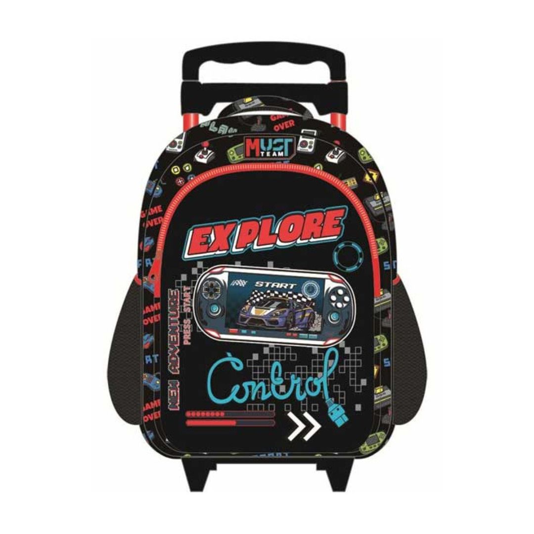 A black rolling backpack with a gaming theme, featuring a large front pocket designed to look like a retro video game controller, with the words 'EXPLORE' and 'Control' in stylized text, set against a plain white background.