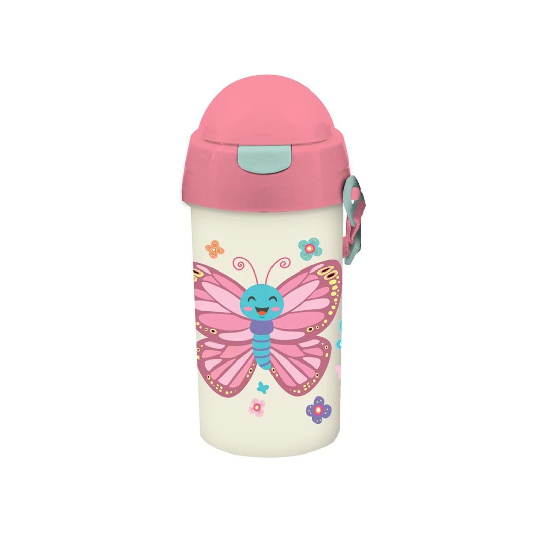 A children's insulated bottle with a pink flip-top lid and a cute butterfly graphic on the front, set against a plain white background.