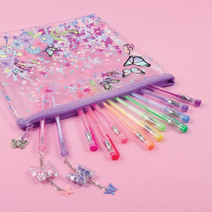 Make it Real 3C4G Butterfly Glitter Pouch & 12-Pack Pen Set