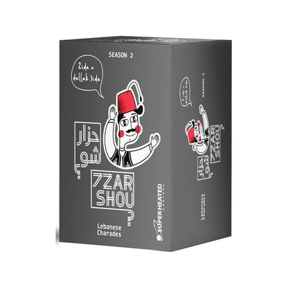 A dark gray box for '7 ZAR SHOU Season 2' featuring a cartoon illustration of a man in a red fez hat and a speech bubble with Arabic and English text, on a white background.