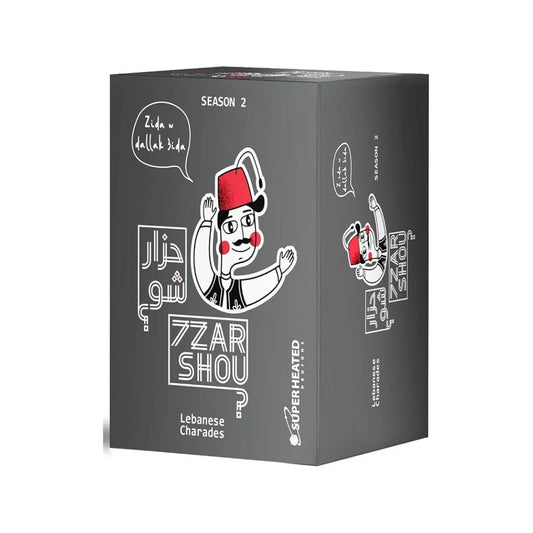 A dark gray box for '7 ZAR SHOU Season 2' featuring a cartoon illustration of a man in a red fez hat and a speech bubble with Arabic and English text, on a white background.