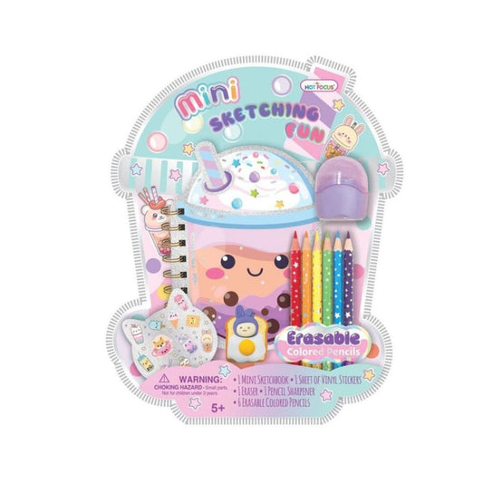 A children's mini sketching fun toy set in its retail blister packaging, featuring a cute pastel-colored erasable coloring book, colored pencils, stickers, and a small eraser on a white background.