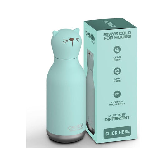 A mint green cat-shaped insulated water bottle stands next to its matching retail box on a light gray background. The box features the brand name 'bestle' and product claims like 'Stays Cold For Hours' and 'Lead Free'.