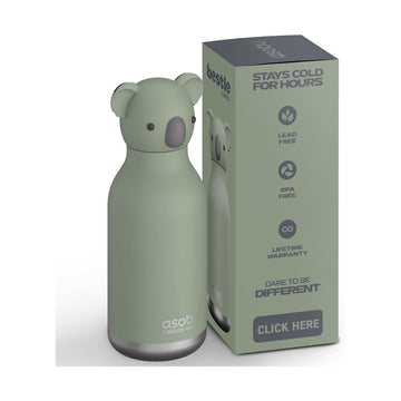 A koala-shaped insulated water bottle in sage green stands next to its matching product box on a light gray background. The bottle has a dark gray koala face and the box displays product features and the brand name 'asob'.
