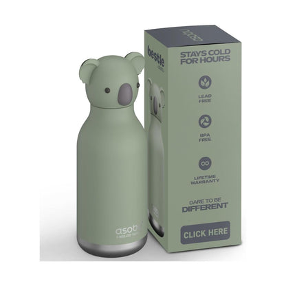 A koala-shaped insulated water bottle in sage green stands next to its matching product box on a light gray background. The bottle has a dark gray koala face and the box displays product features and the brand name 'asob'.