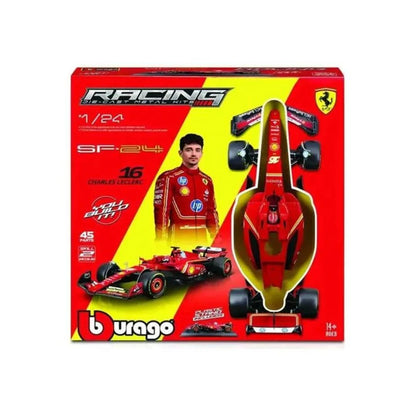 Burrago Racing SF-24 electric remote control race car set in its original red and yellow retail packaging, featuring a Ferrari-themed design with Charles Leclerc branding.