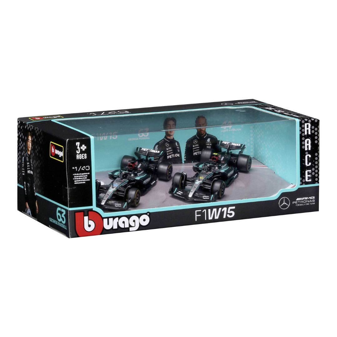 Burgero F1 W15 Mercedes toy set in its original retail packaging, featuring two miniature model cars and two driver figures inside a clear-top display box.
