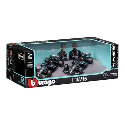 Burgero F1 W15 Mercedes toy set in its original retail packaging, featuring two miniature model cars and two driver figures inside a clear-top display box.