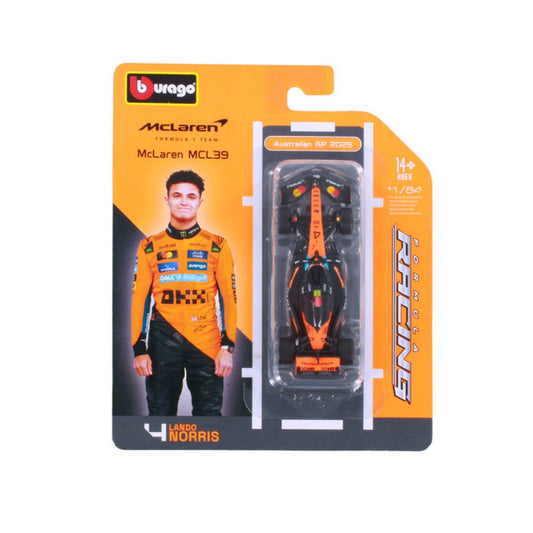 Shop the Bburago 1:64 scale F1 2025 McLaren MCL39 #4 Lando Norris die-cast car! Features authentic Papaya livery, sponsor decals, and smooth rolling wheels.