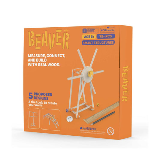 Beaver Smart Structures wooden model building kit in an orange box, showing a windmill model and text about measuring, connecting, and building with real wood.