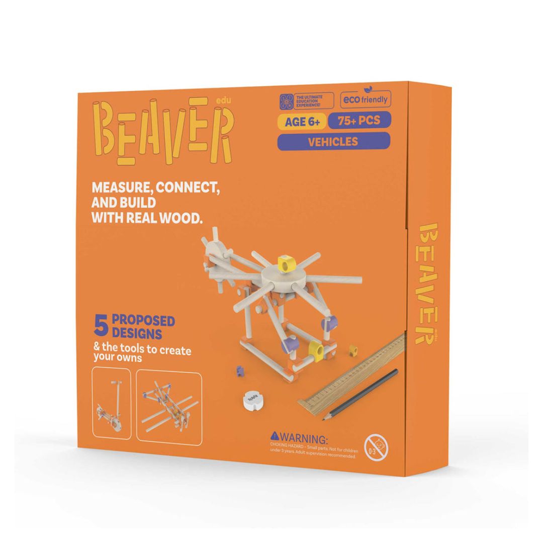 Beaver wooden vehicle building kit in orange retail packaging, showing the box front with product title, age and piece count, a rendered assembled vehicle, and small included parts.