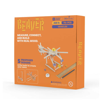 Beaver wooden vehicle building kit in orange retail packaging, showing the box front with product title, age and piece count, a rendered assembled vehicle, and small included parts.