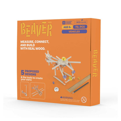 Beaver wooden vehicle building kit in orange retail packaging, showing the box front with product title, age and piece count, a rendered assembled vehicle, and small included parts.