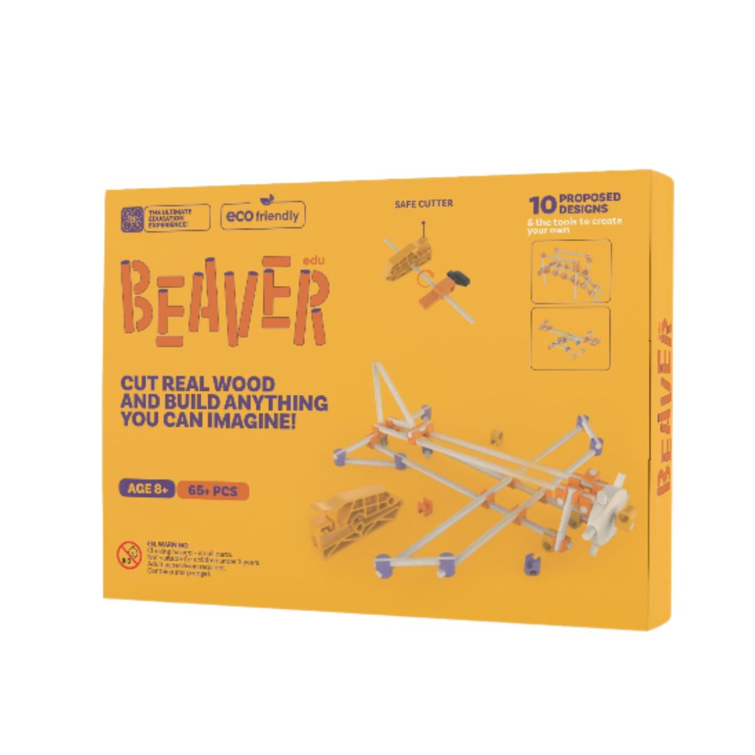 Beaver DIY wooden model kit in a bright yellow-orange box, featuring product branding, age information, and illustrations of the wooden structures built with the kit.