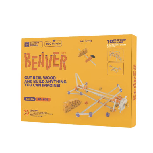Beaver DIY wooden model kit in a bright yellow-orange box, featuring product branding, age information, and illustrations of the wooden structures built with the kit.