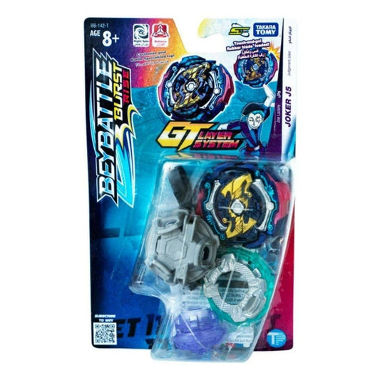 Takara Tomy Battle Burst 2 GT Steel Jet Joker JS toy set in its original blister card packaging, featuring a blue and black jet top, gray launcher, and green and white accessories.