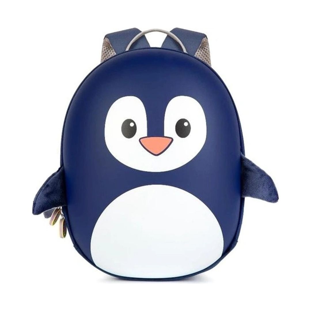 A penguin-shaped backpack in navy blue and white with a small orange beak, photographed on a clean white background.