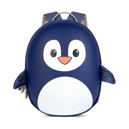 A penguin-shaped backpack in navy blue and white with a small orange beak, photographed on a clean white background.