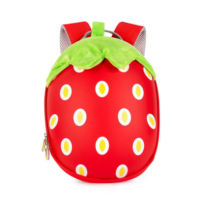 A strawberry-shaped backpack in bright red with green leafy top, white seeds, and yellow centers, shown on a plain white background.