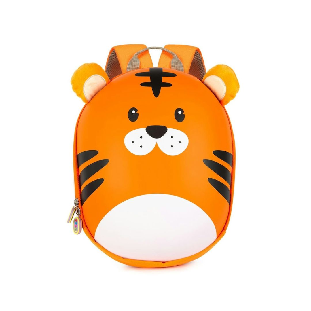 A small orange tiger-face backpack with black stripes, a white belly, and plush ears, photographed on a plain white background.