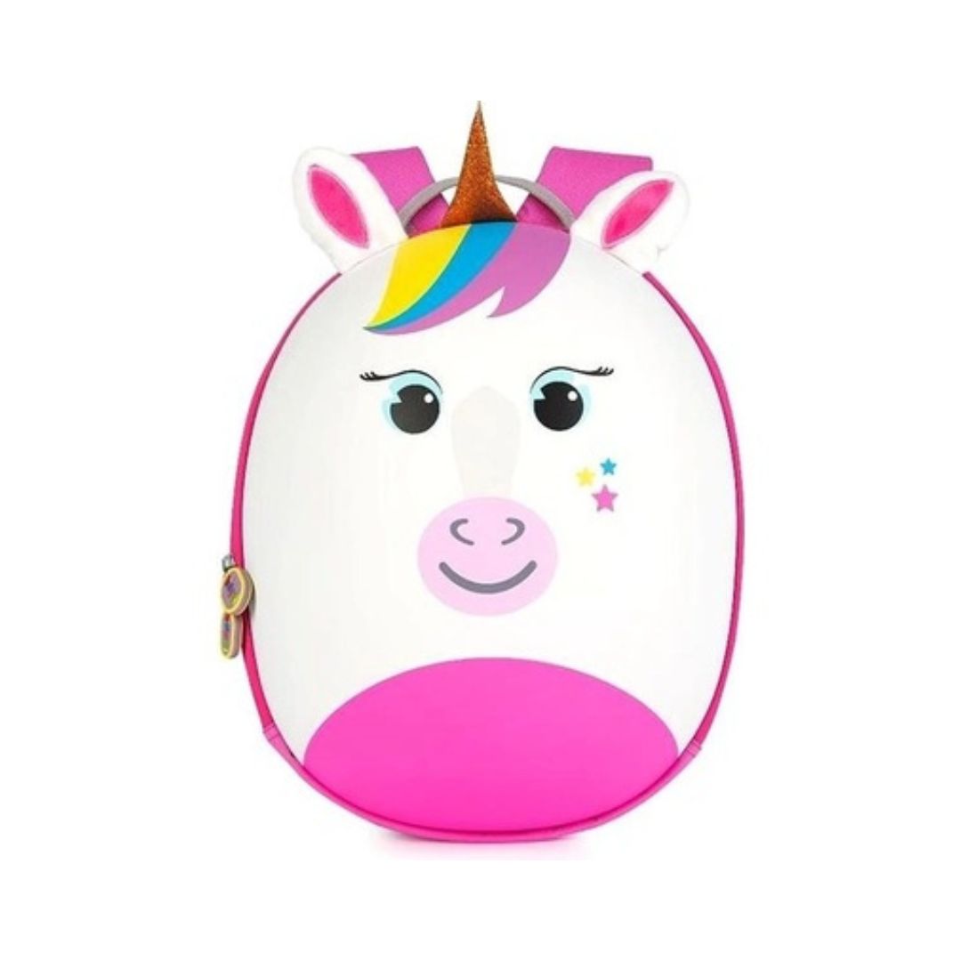 A white and pink unicorn-shaped backpack with a rainbow mane, gold horn, and cute cartoon face details on a plain white background.