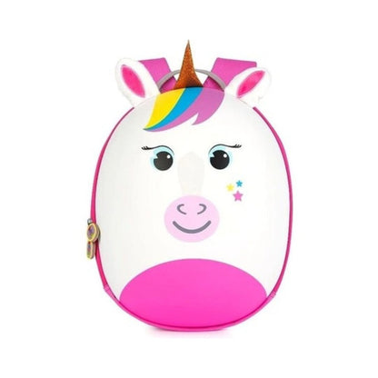 A white and pink unicorn-shaped backpack with a rainbow mane, gold horn, and cute cartoon face details on a plain white background.