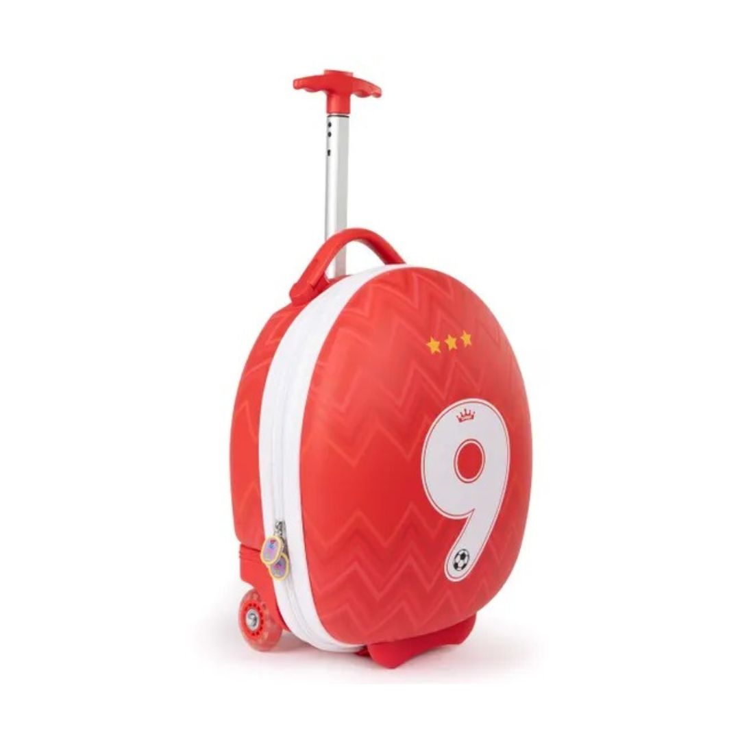 A red and white hard-shell children's rolling suitcase with an extendable handle, featuring a large white number 9, three gold stars, and a soccer ball graphic on a plain white background.