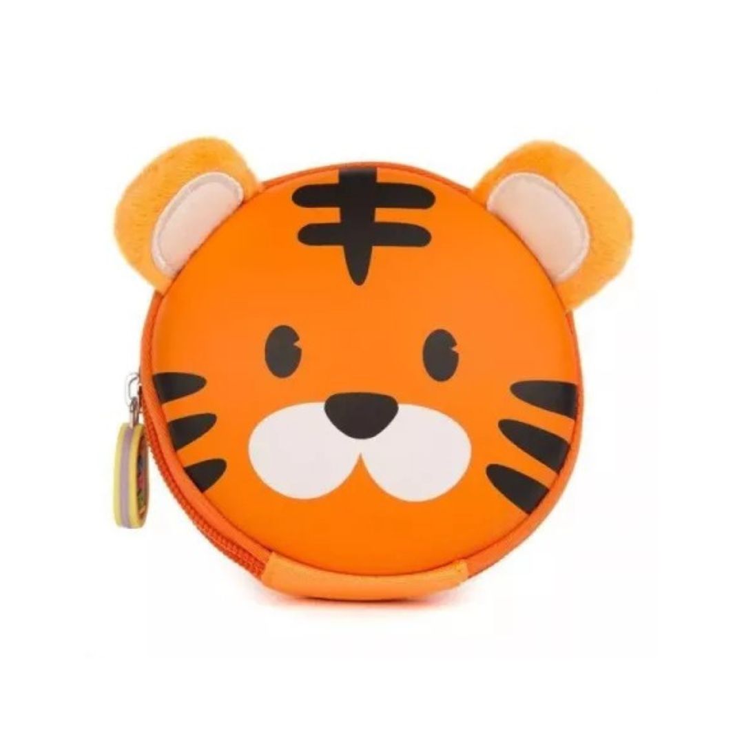An orange tiger-face zippered pouch with plush ears, black stripes, and a white snout on a plain white background.
