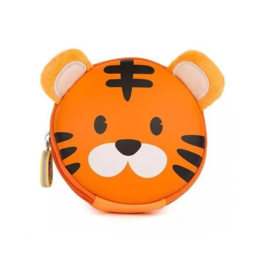 An orange tiger-face zippered pouch with plush ears, black stripes, and a white snout on a plain white background.