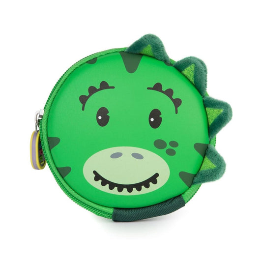 A green dinosaur-themed zippered coin purse with a plush textured back and a cartoon face on a white background.