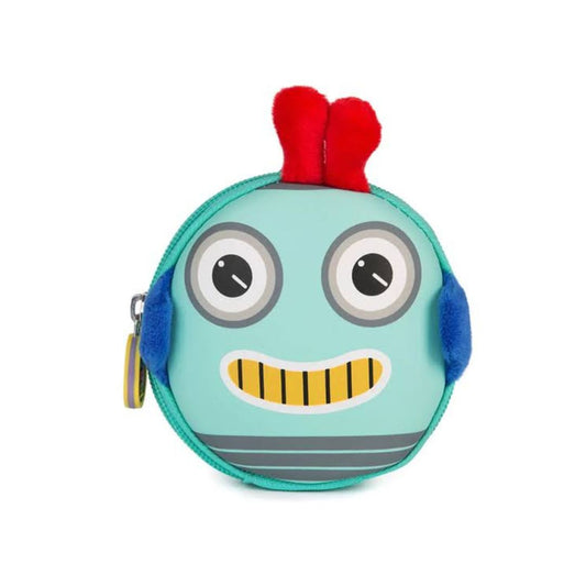 A round, plush coin purse featuring a cartoon monster face. The coin purse is light teal with a red fuzzy antenna on top, blue fuzzy ears, a yellow striped smiley mouth, and gray details.