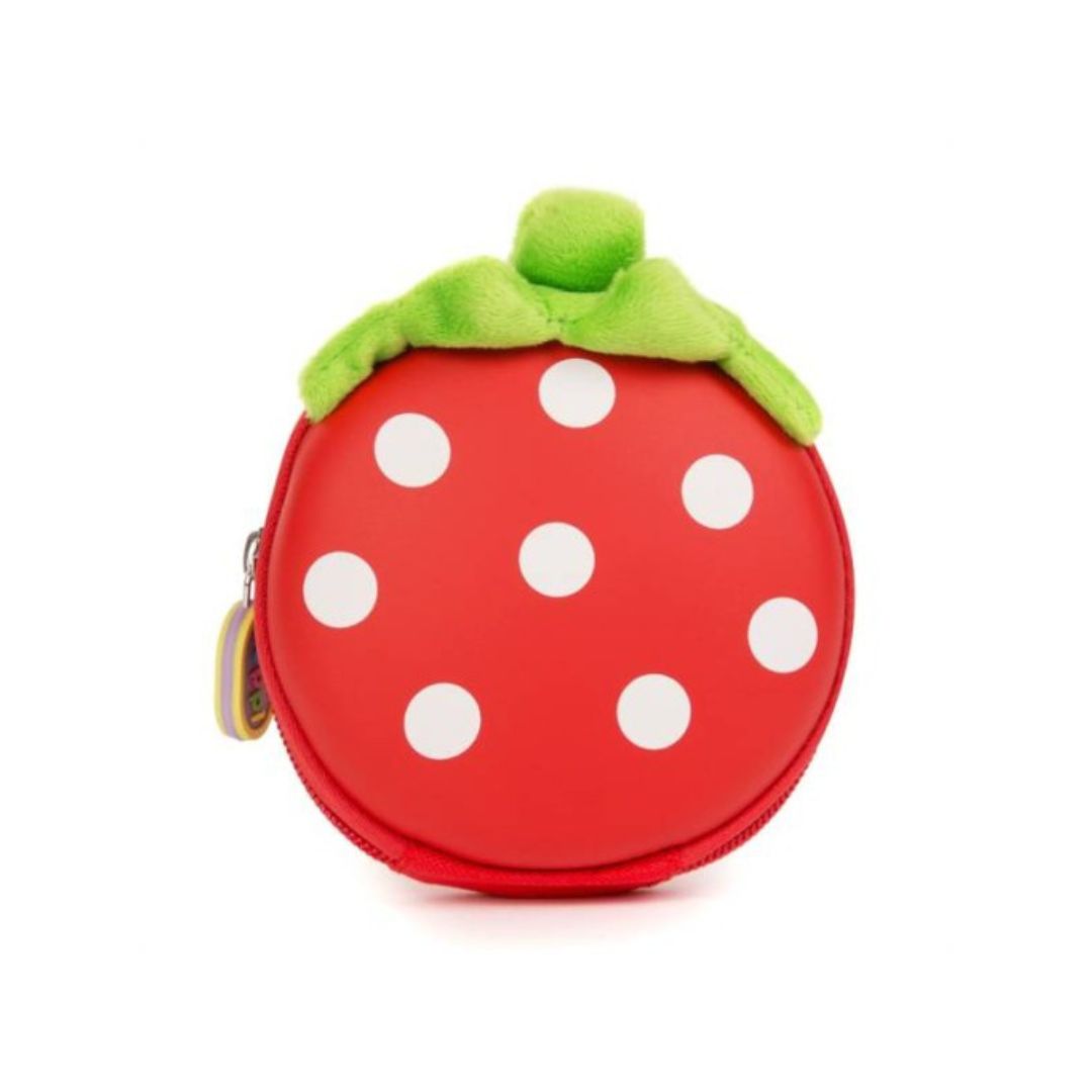 A strawberry-shaped zippered coin purse in red with white polka dots and a green plush leafy top, shown on a plain white background.