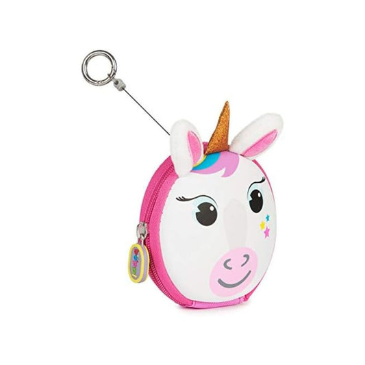 A small plush coin purse shaped like a unicorn head, featuring a white face, pink ears and trim, a gold horn, and a metal key ring attached at the top.