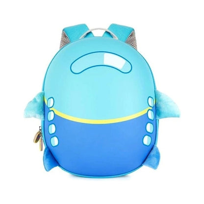 A children's backpack shaped like a cartoon fish or sea creature, primarily light blue on top and dark blue on the bottom, with small gray mesh ear-like details at the top, fluffy light blue fins on the sides, and a yellow curved stripe across the middle. It is photographed on a plain white background.