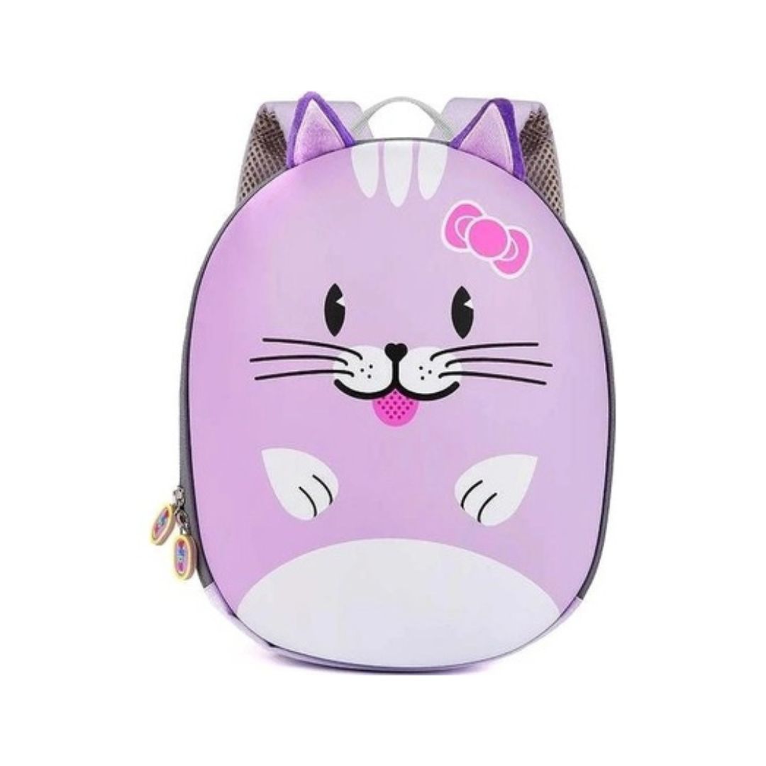 A cute, rounded children's backpack designed to look like a cat face, in pastel purple and white with pink accents, shown on a plain white background.