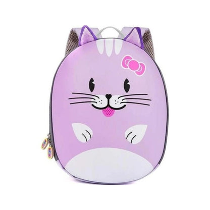 A cute, rounded children's backpack designed to look like a cat face, in pastel purple and white with pink accents, shown on a plain white background.