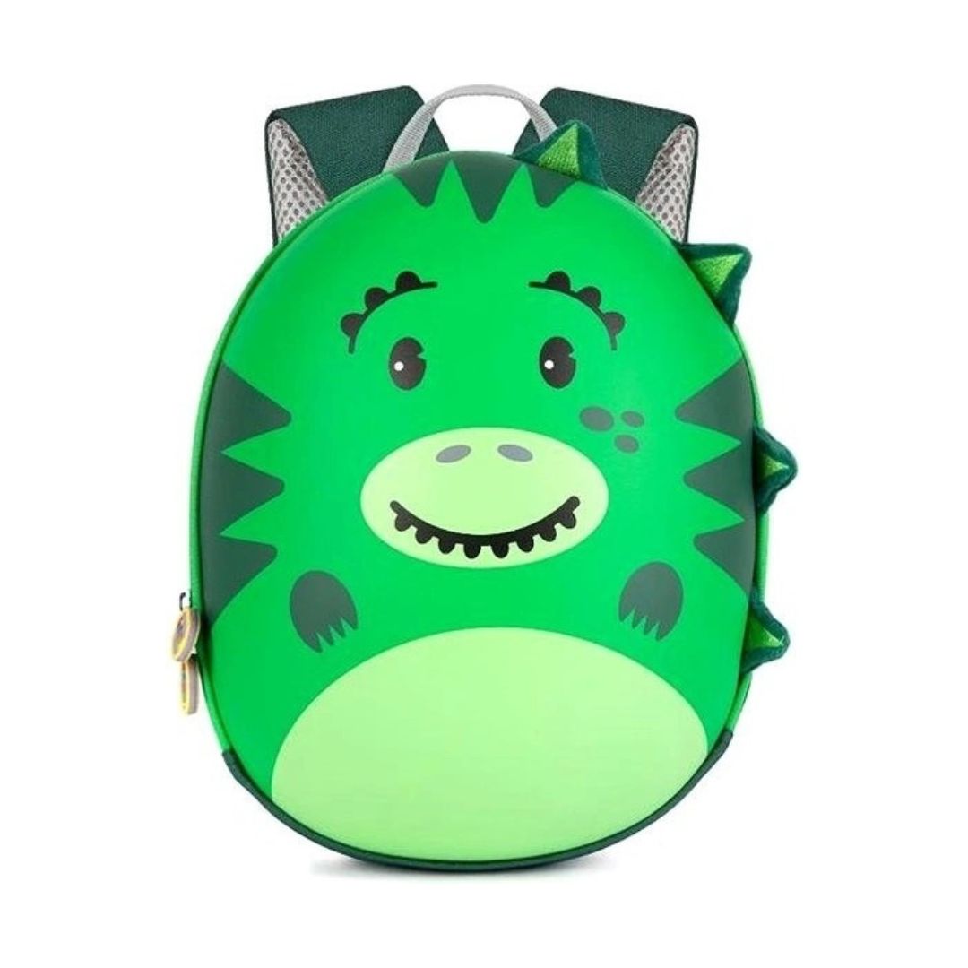 A green dinosaur-themed backpack with a cartoon face, featuring dark green spikes, a light green belly, and gray mesh side panels, shown on a white background.