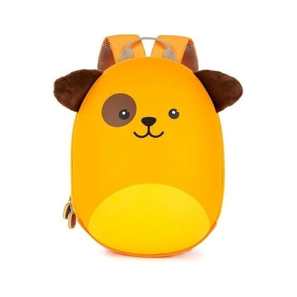 A bright yellow dog-shaped backpack with brown ears, a brown eye patch, and a simple black face on a plain white background.
